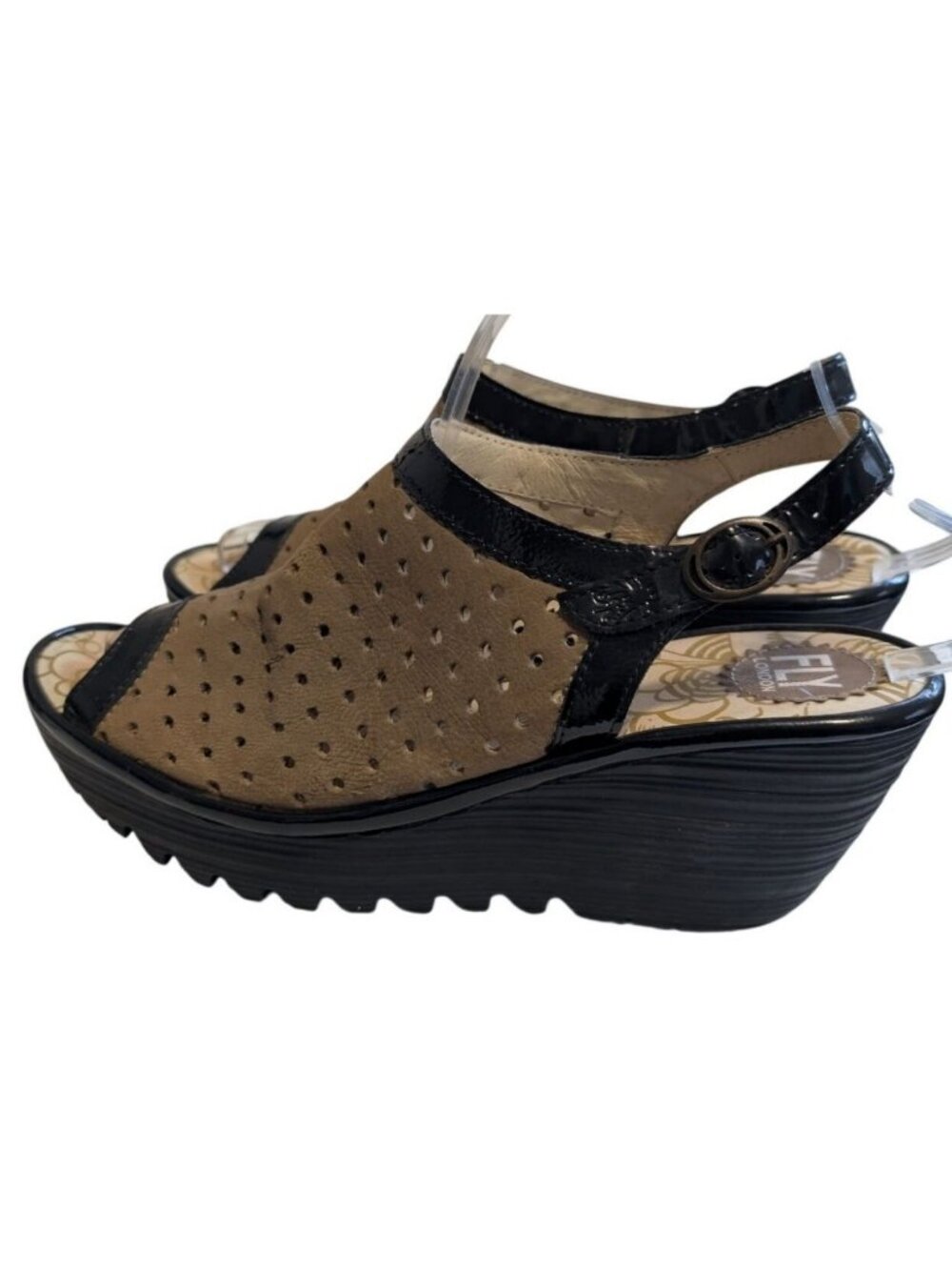 Fly London Yile Brown Black Perforated Peep Toe Slingback Wedge Sandals Size 39